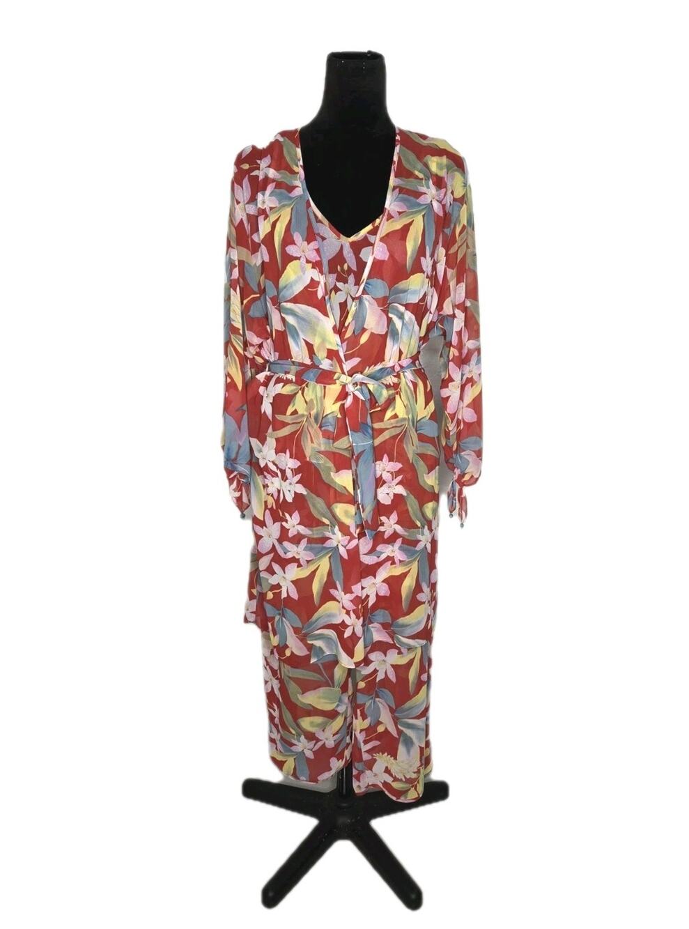 Natori Tropical Floral 3 Pc Lounge Set Robe Tank Pants Resort Wear No Tag Fits L